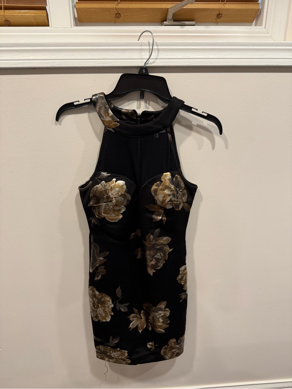 Emerald Sundae Black Halter Floral Mini Dress with Gold Accents